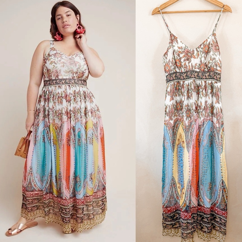 Anthropologie White Multicolor Paisley Spaghetti-Strap Maxi Dress